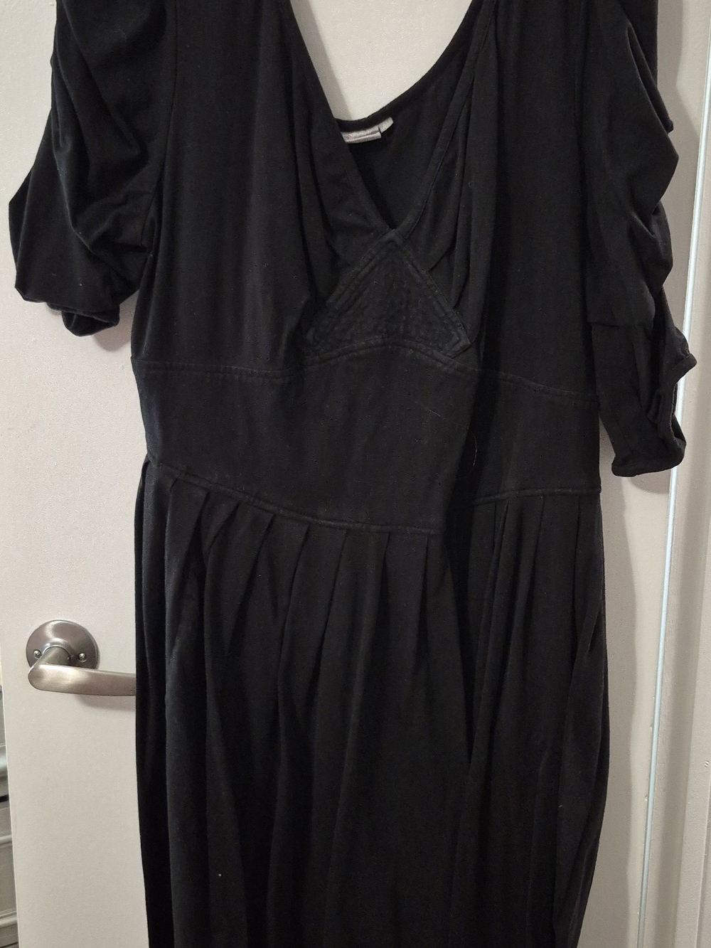 eshakti Black V-Neck Midi Dress with Gathered Skirt